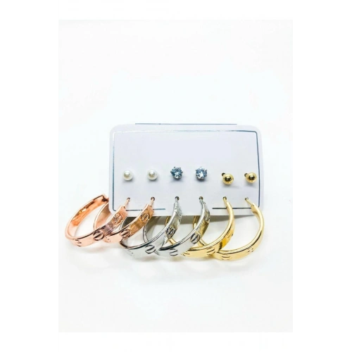Kartiyer Model Halka Tasarımlı Gold Gümüş Ve Rose Renk Zirkon Inci Ve Top Küpeli Küpe Seti