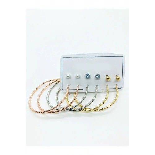 Kıvrımlı Halka Tasarımlı Gold Gümüş Ve Rose Renk Zirkon Inci ve Top Küpeli Küpe Seti