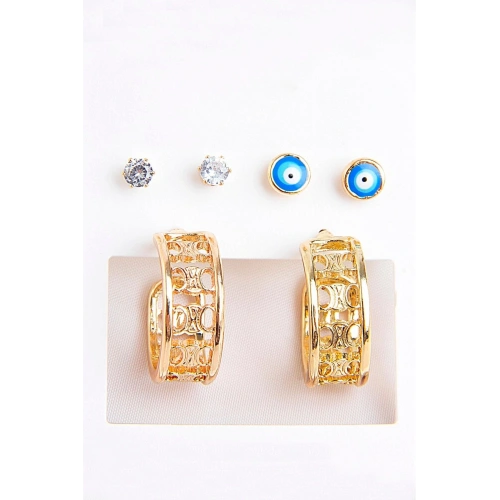 Zirkonium Nazarlık Tasarımlı Halka Ve Tektaş Küpeli 6lı Küpe Seti