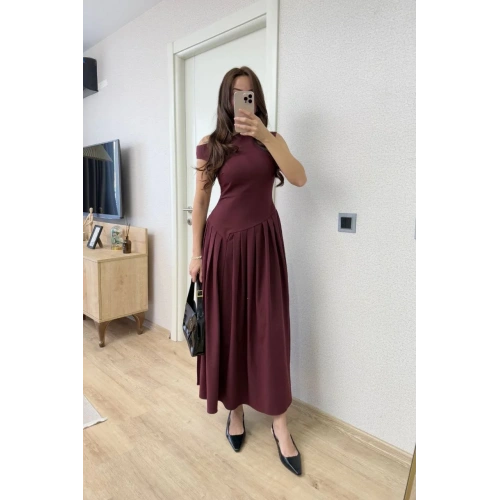 Asimetrik düşük yaka Kolsuz Uzun Elbise - Bordo