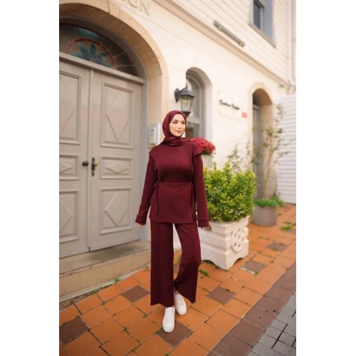 Bağcık Kuşak Detaylı Taşlı İkili Tesettür Eşofman Takımı - (38-46) - 71366 - Bordo