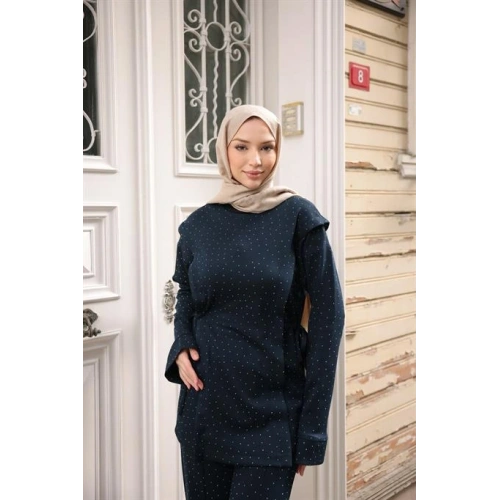 Bağcık Kuşak Detaylı Taşlı İkili Tesettür Eşofman Takımı - (38-46) - 71366 - Lacivert
