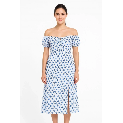 Bardot Omuzu Acık Çiçek Desenli Elbise - Desenli