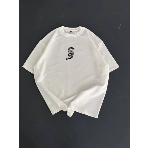 Baskılı Oversize Bisiklet Yaka T-shirt - Beyaz