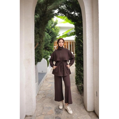 Boğazlı Belden Bağcıklı Şal Detaylı İkili Tesettür Eşofman Takımı - (38-46) - 71360 - Kahverengi