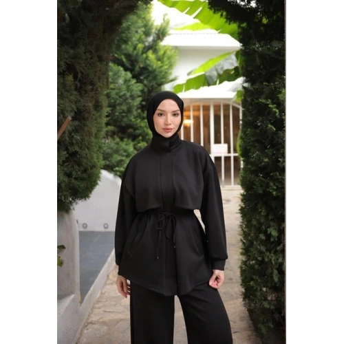 Boğazlı Belden Bağcıklı Şal Detaylı İkili Tesettür Eşofman Takımı - (38-46) - 71360 - Siyah