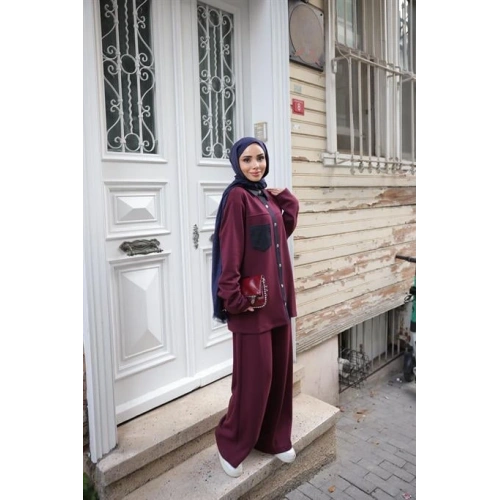 Çıtçıtlı Gömlek Yaka Cepli İkili Tesettür Eşofman Takımı - (38-46) - 71350 - Bordo