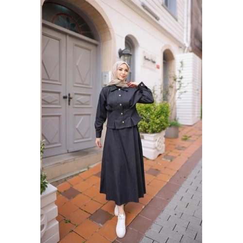 Çıtçıtlı Gömlek Yaka İkili Tesettür Kot Etek Takımı - (38-46) - 71361 - Lacivert