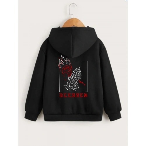 Çocuk Unisex Kapüşonlu Ön ve Arka Blessed Baskılı Sweatshirt - Siyah