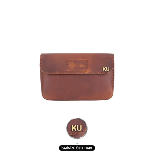 İsme Özel Çıtçıtlı El Çantası - %100 Crazy Deri - AC14002 - Taba