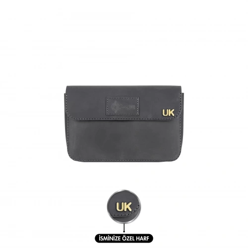 İsme Özel Çıtçıtlı El Çantası - %100 Crazy Deri - AC14002 - Antrasit