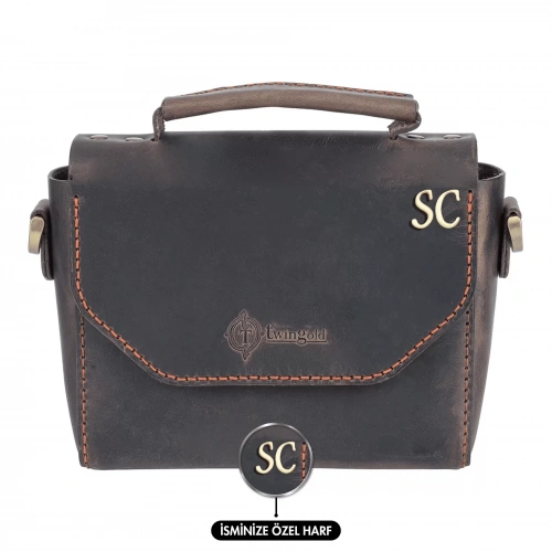 İsme Özel Çıtçıtlı Küçük Boy Zincirli El Omuz Çantası - %100 Crazy Deri - AC14003 - Kahverengi