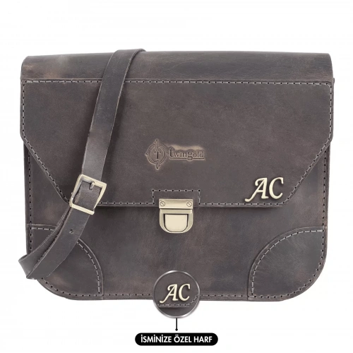 İsme Özel Günlük Orta Boy Omuz Çantası - %100 Crazy Deri - AC03002 - Antrasit