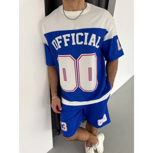 Erkek Şortlu Takım – Oversize İki İplik Kumaş, Ön & Arka Dijital Baskılı Tişört ve Lastikli Cepli Şort, Yazlık Günlük Spor Set - Mavi