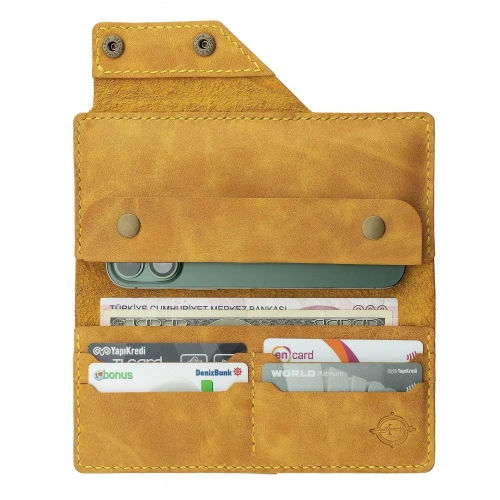 İsme Özel Dikey Çıtçıtlı Uzun Cüzdan - %100 Rainbow Deri - A010006 - Hardal Sarısı