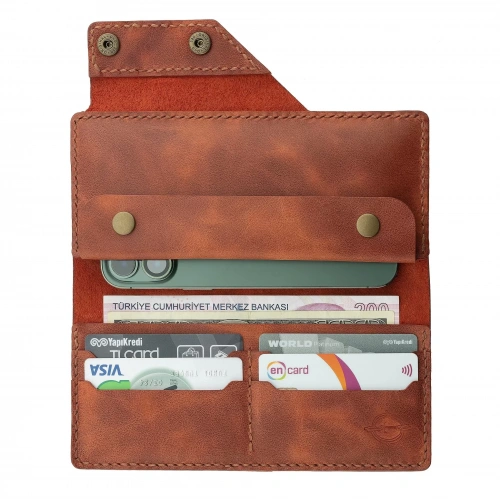 İsme Özel Dikey Çıtçıtlı Uzun Cüzdan - %100 Rainbow Deri - A010006 - Tobacco