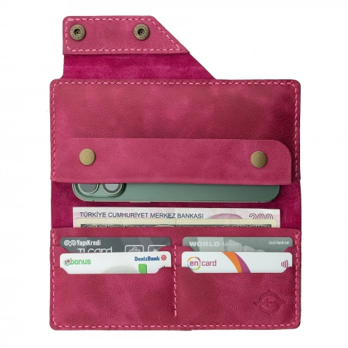 İsme Özel Dikey Çıtçıtlı Uzun Cüzdan - %100 Rainbow Deri - A010006 - Fuşya