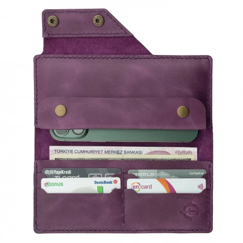İsme Özel Dikey Çıtçıtlı Uzun Cüzdan - %100 Rainbow Deri - A010006 - Mor