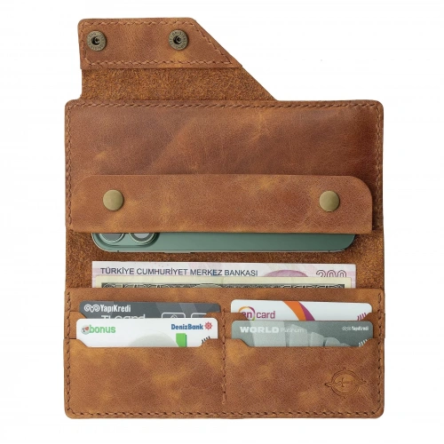 İsme Özel Dikey Çıtçıtlı Uzun Cüzdan - %100 Rainbow Deri - A010006 - Camel