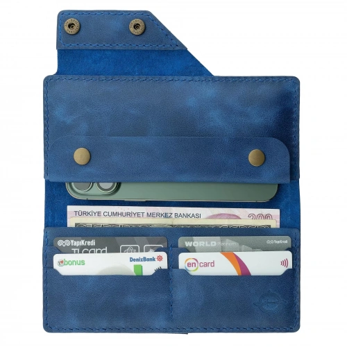 İsme Özel Dikey Çıtçıtlı Uzun Cüzdan - %100 Rainbow Deri - A010006 - Saks Mavisi