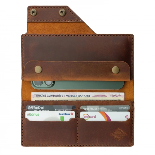 İsme Özel Dikey Çıtçıtlı Uzun Cüzdan - %100 Crazy Deri - A010002 - Taba