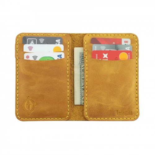 İsme Özel Dikey Mini Cüzdan - %100 Rainbow Deri - A010005 - Hardal Sarısı