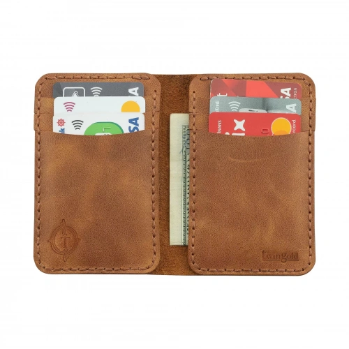 İsme Özel Dikey Mini Cüzdan - %100 Rainbow Deri - A010005 - Camel