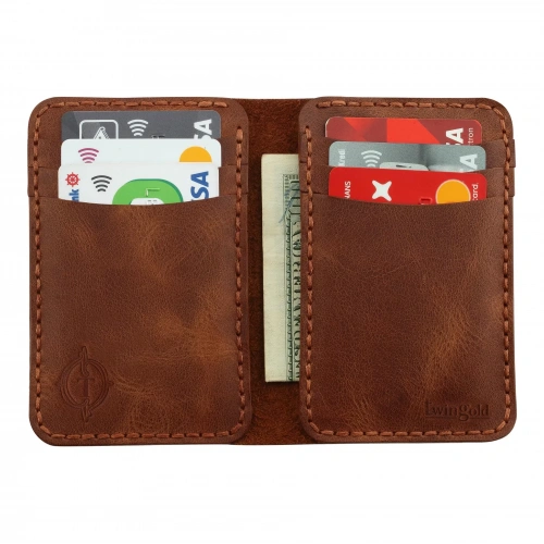 İsme Özel Dikey Mini Cüzdan - %100 Rainbow Deri - A010005 - Kahverengi