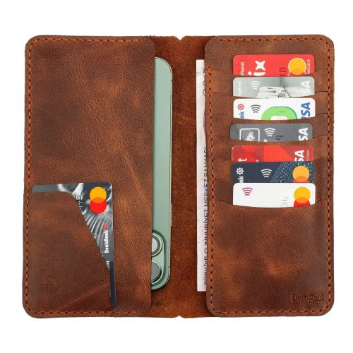 İsme Özel Dikey Uzun Cüzdan - %100 Rainbow Deri - A010007 - Kahverengi