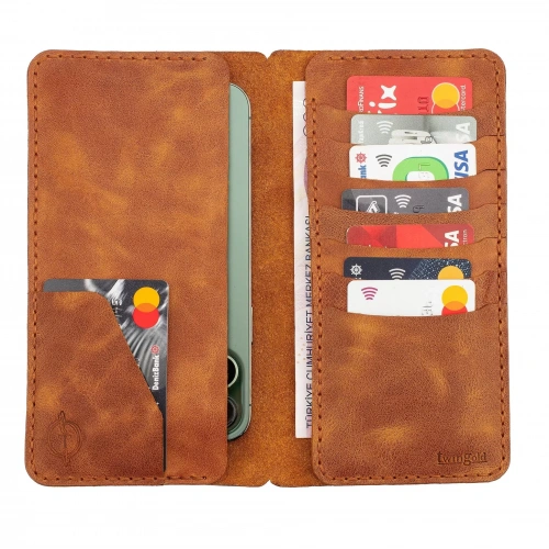 İsme Özel Dikey Uzun Cüzdan - %100 Rainbow Deri - A010007 - Camel
