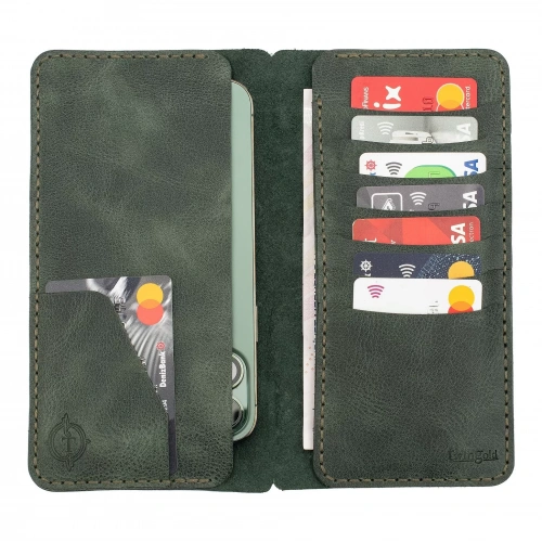 İsme Özel Dikey Uzun Cüzdan - %100 Rainbow Deri - A010007 - Haki