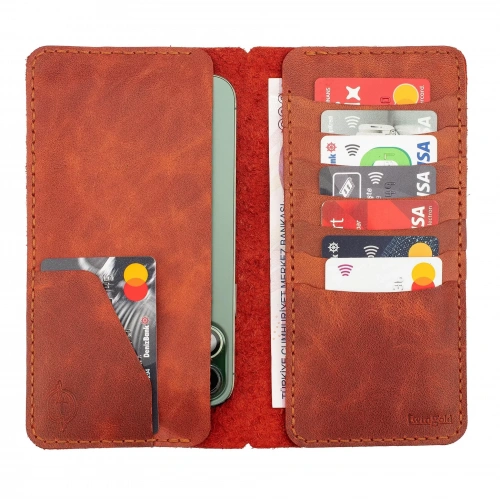 İsme Özel Dikey Uzun Cüzdan - %100 Rainbow Deri - A010007 - Tobacco