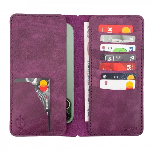 İsme Özel Dikey Uzun Cüzdan - %100 Rainbow Deri - A010007 - Mor