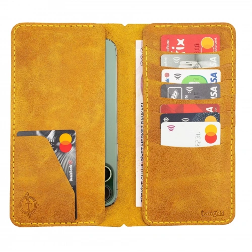 İsme Özel Dikey Uzun Cüzdan - %100 Rainbow Deri - A010007 - Hardal Sarısı
