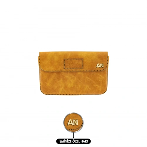 İsme Özel Çıtçıtlı Küçük El Çantası - %100 Rainbow Deri - AC14001 - Hardal Sarısı