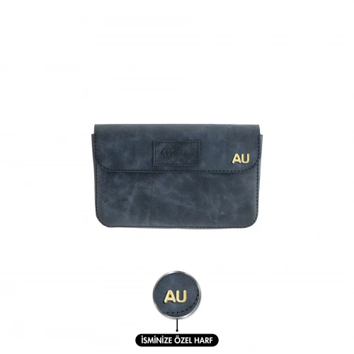 İsme Özel Çıtçıtlı Küçük El Çantası - %100 Rainbow Deri - AC14001 - Lacivert