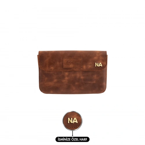 İsme Özel Çıtçıtlı Küçük El Çantası - %100 Rainbow Deri - AC14001 - Kahverengi