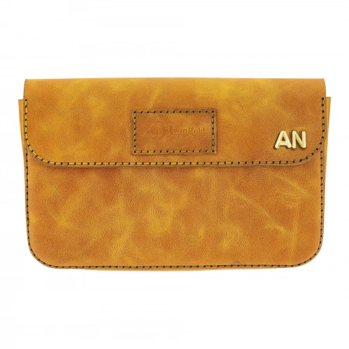 İsme Özel Çıtçıtlı Küçük El Çantası - %100 Rainbow Deri - AC14001 - Hardal Sarısı