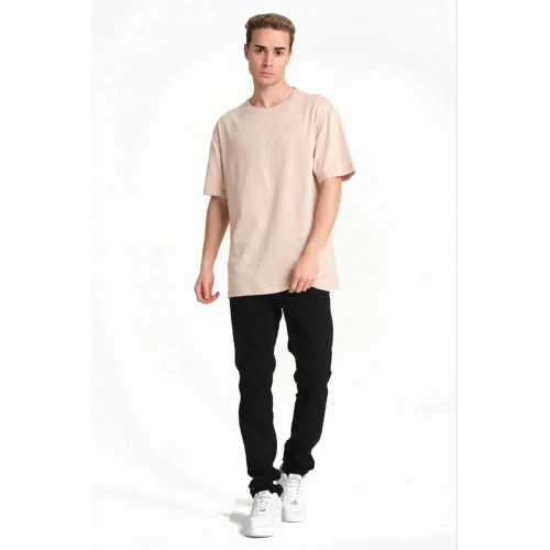 Erkek 24/1 Düz A Kalite Oversize T-shirt - Bej
