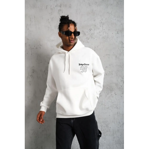 Erkek 98 Baskılı Kapşonlu Sweat - Beyaz