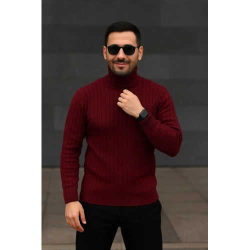 Erkek Balıkcı Yaka Bağazlı Triko Kazak Pamuklu Kalın Fitilli Dokuma, Regular Fit Uzun Kollu Kışlık Model - Bordo