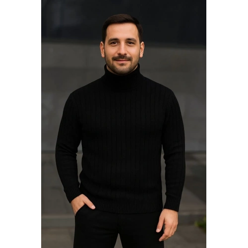 Erkek Balıkcı Yaka Bağazlı Triko Kazak Pamuklu Kalın Fitilli Dokuma, Regular Fit Uzun Kollu Kışlık Model - Siyah