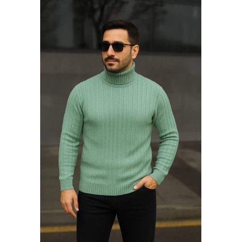 Erkek Balıkcı Yaka Bağazlı Triko Kazak Pamuklu Kalın Fitilli Dokuma, Regular Fit Uzun Kollu Kışlık Model - Mint Yeşili