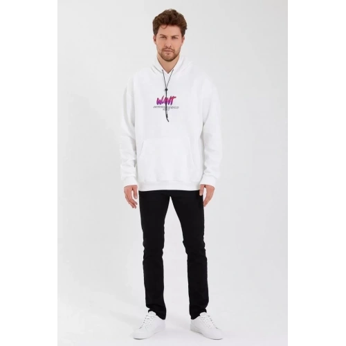 Erkek Baskılı Üç İplik Kapüşonlu Oversize Sweatshirt - Beyaz