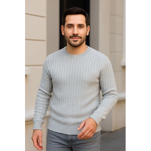 Erkek Bisiklet Yuvarlak Yaka Triko Kazak Pamuklu Kalın Fitilli Dokuma, Regular Fit Uzun Kollu Kışlık Model - Gri