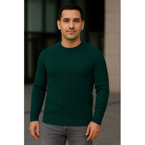 Erkek Bisiklet Yuvarlak Yaka Triko Kazak Pamuklu Kalın Fitilli Dokuma, Regular Fit Uzun Kollu Kışlık Model - Haki