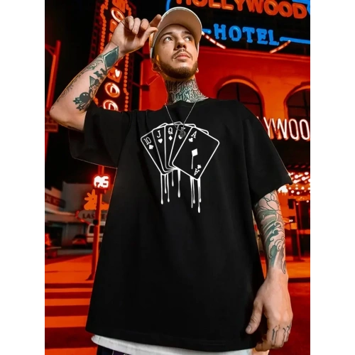 erkek büyük beden Kart baskılı düz renk kısa kollu bisiklet yaka tişört gündelik giyim - Siyah