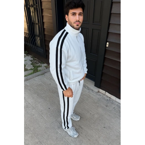 Erkek Çift Şeritli Eşofman Takım Dik Yaka Fermuarlı Sweatshirt Boru Paça Alt, Oversize 3 iplik Pamuklu - Beyaz