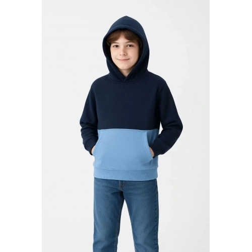 Erkek Çocuk Kapüşonlu Kanguru Cepli Parçalı SweatShirt - Renkli