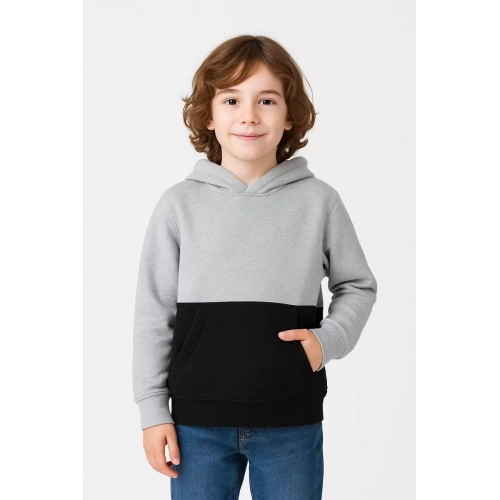 Erkek Çocuk Kapüşonlu Kanguru Cepli Parçalı SweatShirt - Renkli